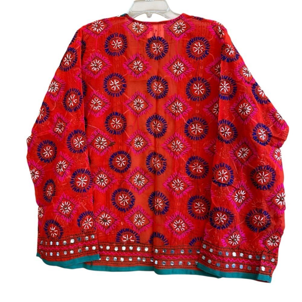 NWT Rhea Vibrant Rhea Red Hand-Embroidered Women's Kimono Style Sheer Jacket- OS - Picture 5 of 8